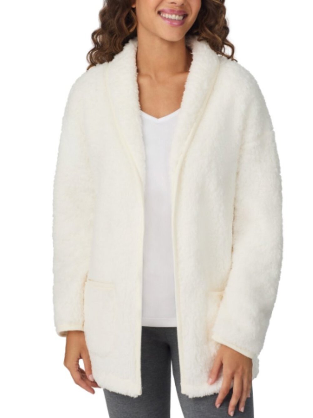 Cuddl Duds Women's Open-Front Shawl-Collar Cardigan - Ivory Size L 21299 - Picture 2 of 3